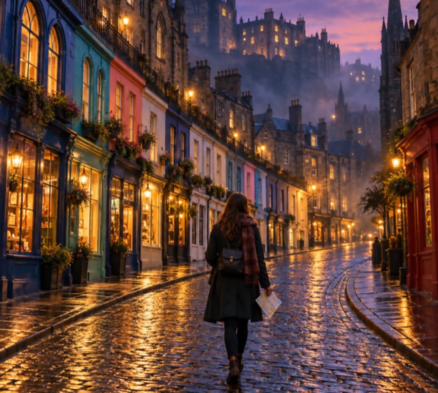 Yağmurdan sonra mavi saatte Edinburgh'da Victoria Street: ışıklı dükkânlar, ıslak kaldırım taşları ve elinde haritayla yürüyen genç bir kadın.